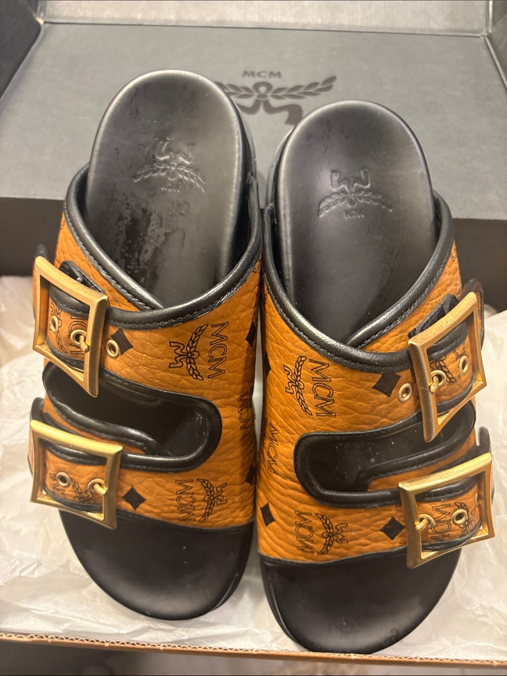 MCM Unisex Orange Logo Double-Buckle Slide Sandals